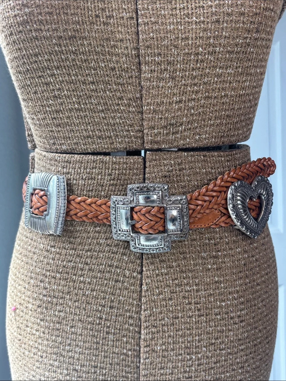 VTG 1994 Brighton Tan Braided Leather Belt with Silver Heart + Cross Conchos